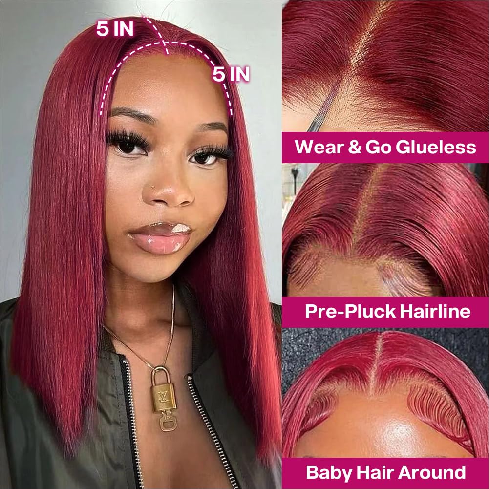Ailwelia Wear and Go Glueless Bob Wig Human Hair 200% Density 5x5 HD Lace Closure Wigs For Black Women Glueless 5x5 Closure Wigs Human Hair Pre Plucked Bob Burgundy Color 14 Inch