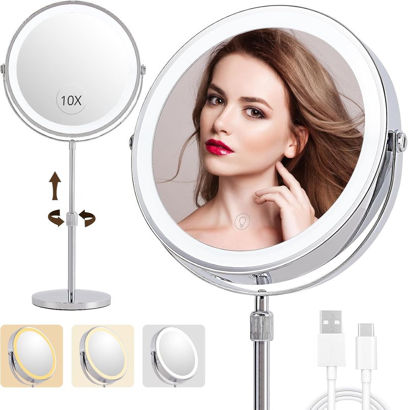 Magnifying Makeup Mirror with Lights - 9" Dual-Sided Vanity Mirror | 3 Color Settings, 3000 mAh Rechargeable, 360° Rotation