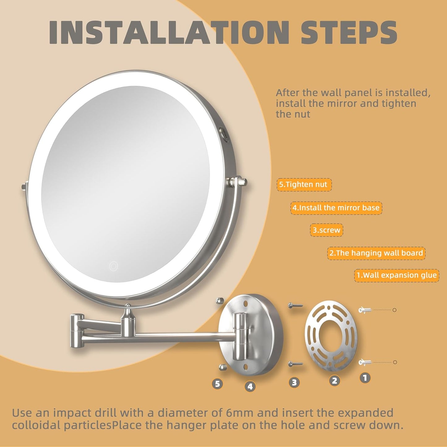 Wall Mounted Makeup Mirror with Light - 10” Double-Sided 1X/7X Magnification | Dimmable 3-Color Touch Control, 360° Rotation