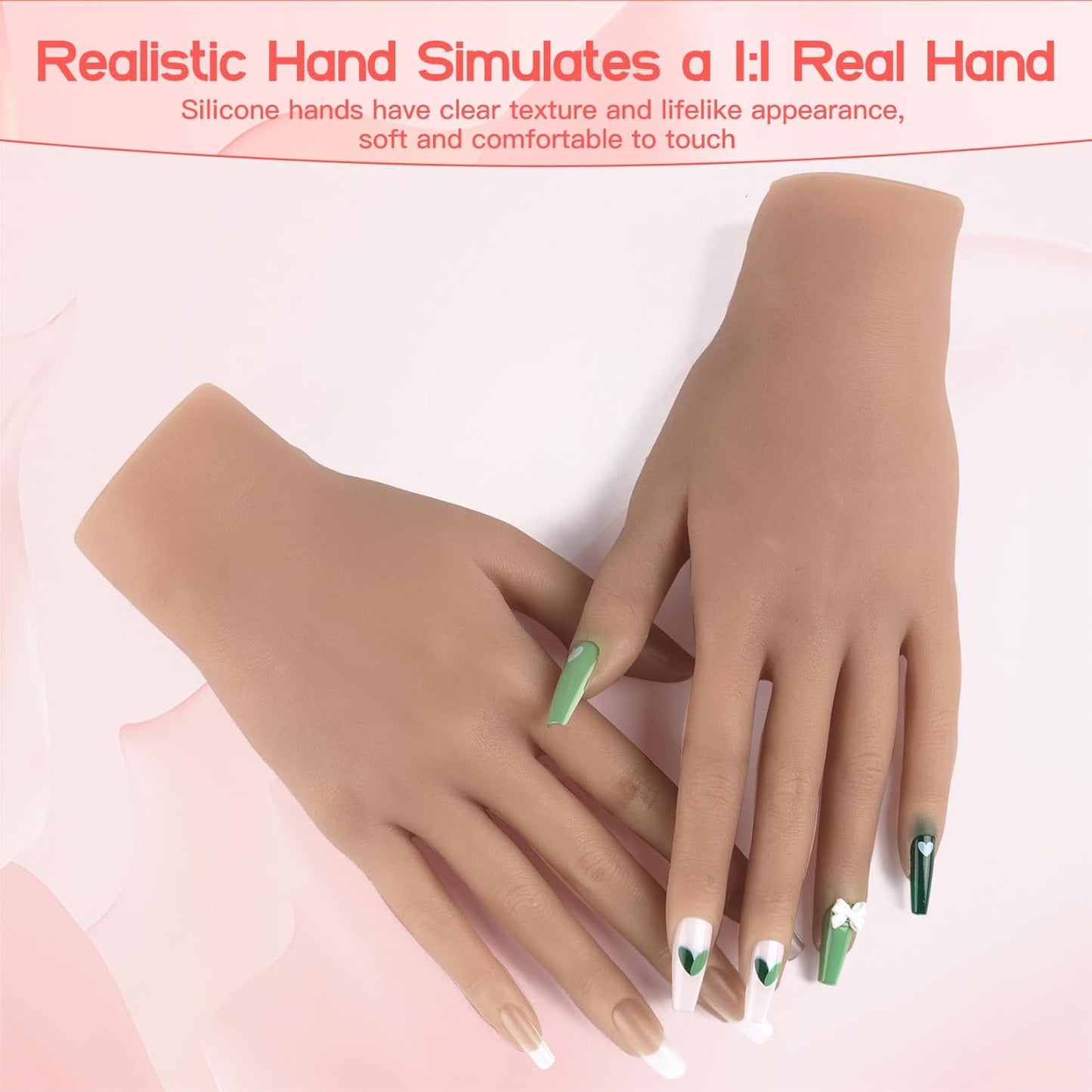 Flexible Silicone Practice Hand for Acrylic Nails with 528 Nail Tips & Stand