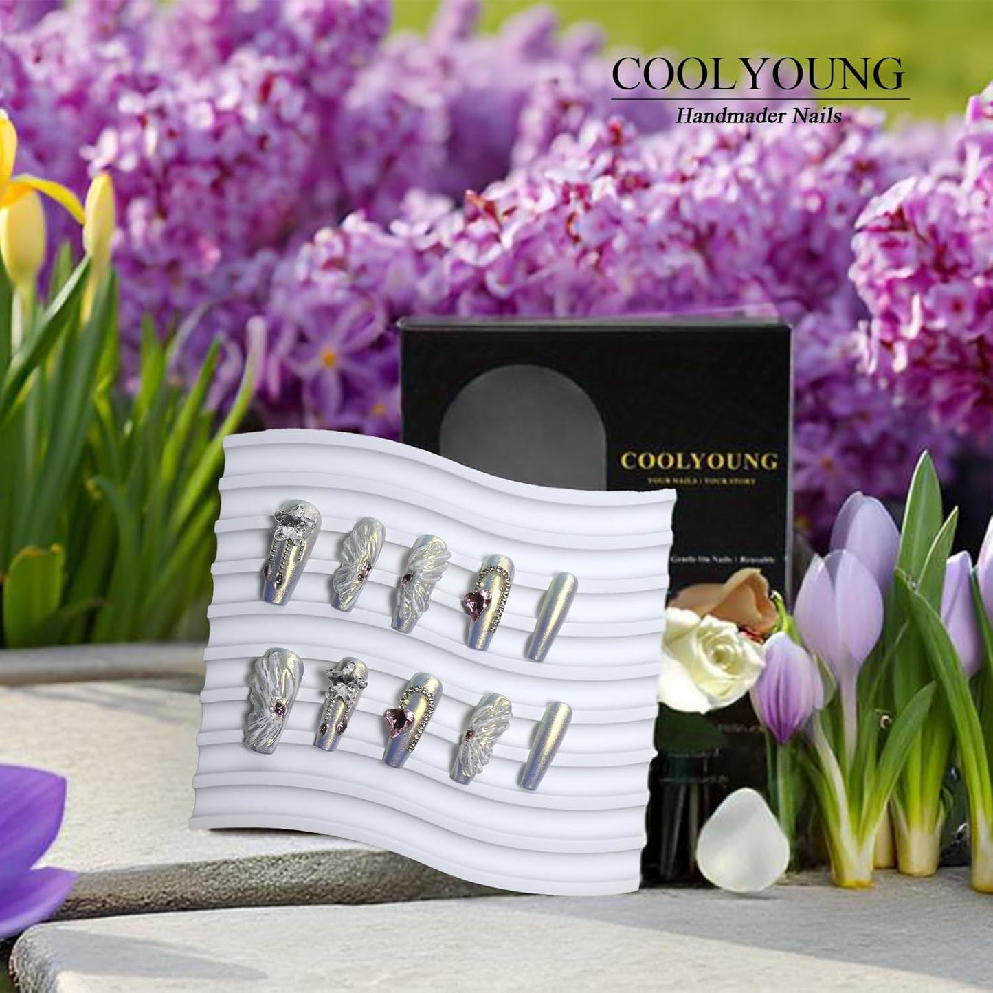 COOLYOUNG Handmade Coffin Press on Nails Set - 'Dream Angels' & 'Starry Sky' Bundle