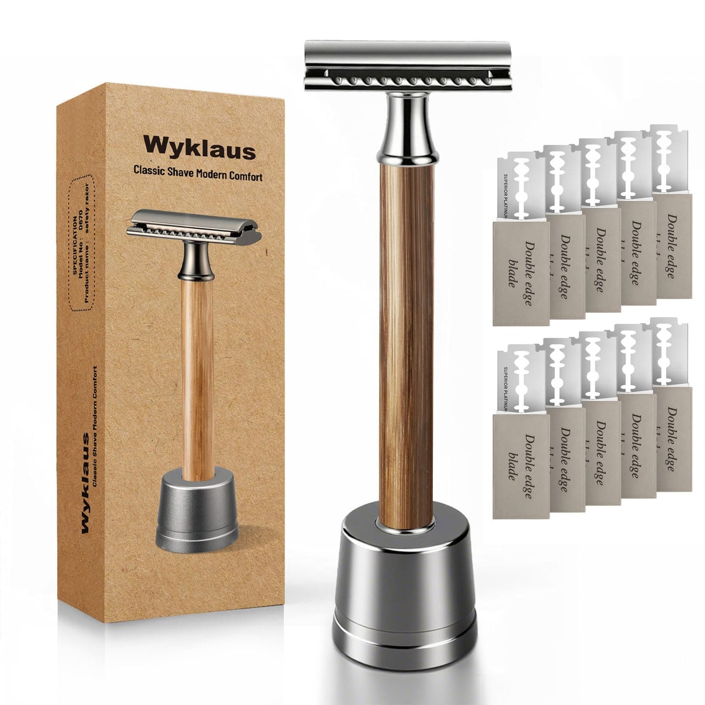 Double Edge Safety Razor: Premium Metal Single Blade Face Razor for Men & Women, Eco-Friendly Bamboo Handle & 10 Double Edge Blades Upgraded