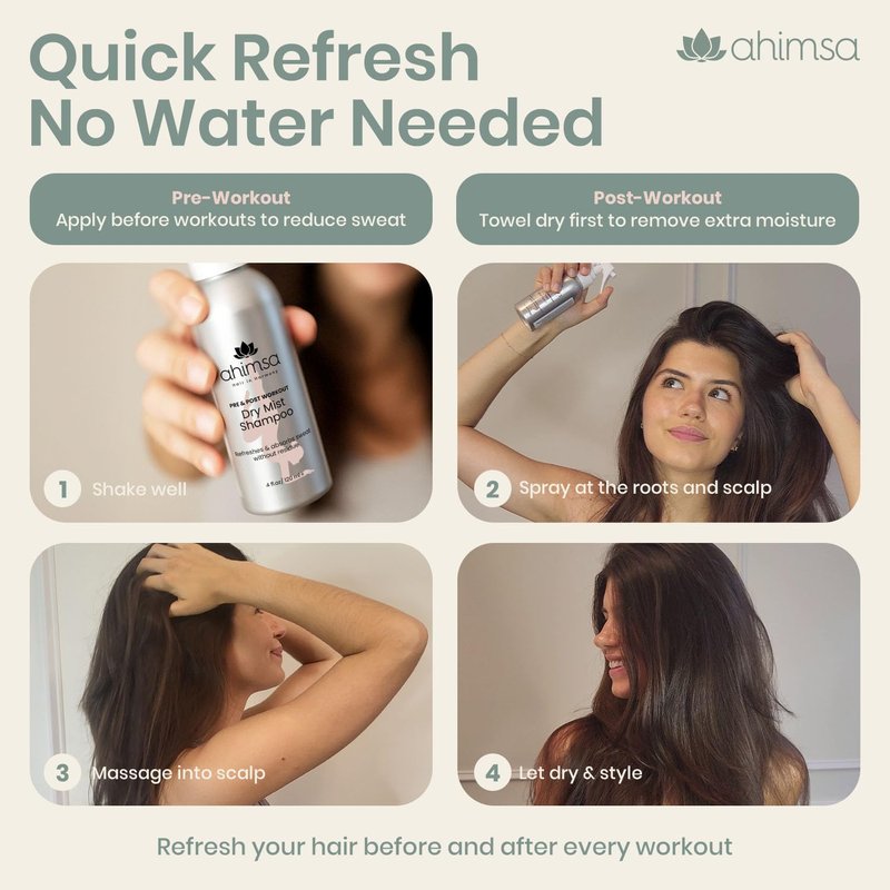 Ahimsa Non Aerosol Dry Shampoo Mist Spray Jasmine Scent, 4oz, No White Residue Spray Dry Shampoo for Women, Post Workout Hair Refresher for Sweat, Oil & Odor Control, Cruelty-Free Vegan Clean Formula