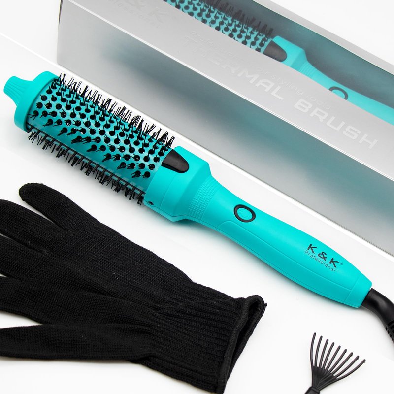 K&K Thermal Brush, Green 1.5 Inch Heated Round Curler, Professional Heated Curling Ceramic Tourmaline Ionic Curling Iron, Hot Styling Volumizing Brush, Dual Voltage