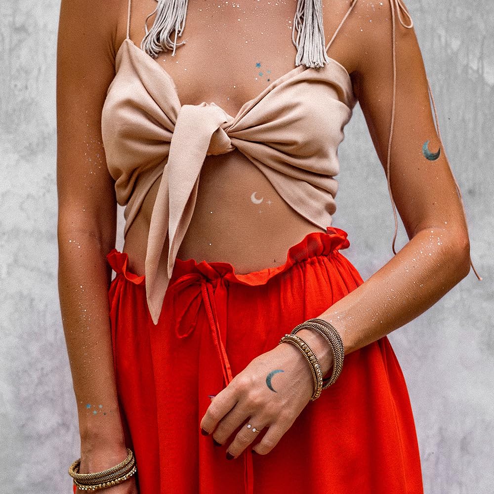 Flash Tattoos MOONLIGHT Silver Glitter Face Freckles and Body Tattoos – 25 Premium Celestial Magic Metallic Patches with Cosmic Stars & Moons - Festival & Concert Makeup, Parties, Face Gem Beauty