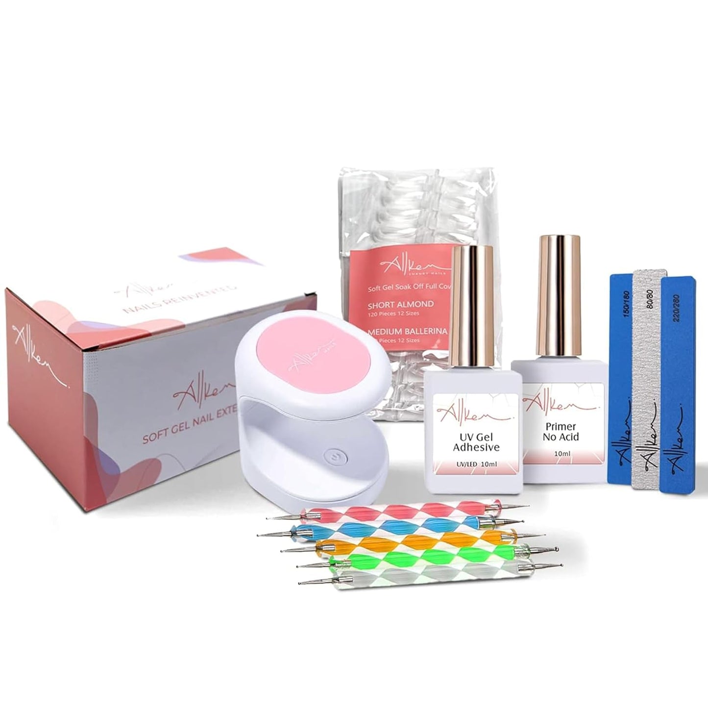 Soft Gel Nail Tips & UV Glue Gel Set - 240 Pcs Short Stiletto & Medium Square Extensions with Portable UV Light