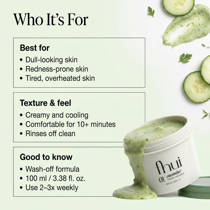 Cucumber Basil Face Mask Korean Skincare | Cooling Wash-Off Mask for Redness Relief & Sensitive Skin | Green Smoothie Mask with 3,500ppm Cucumber, Glutathione & 10 Types Hyaluronic Acid | K-Beauty