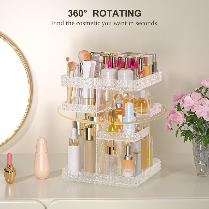HEMTROY Rotating Makeup Organizer with Makeup Brush Holder,Large Capacity Perfume Organizer for Vanity Countertop,Acrylic Skincare Organizers Spinning Holder Storage Rack (Clear)