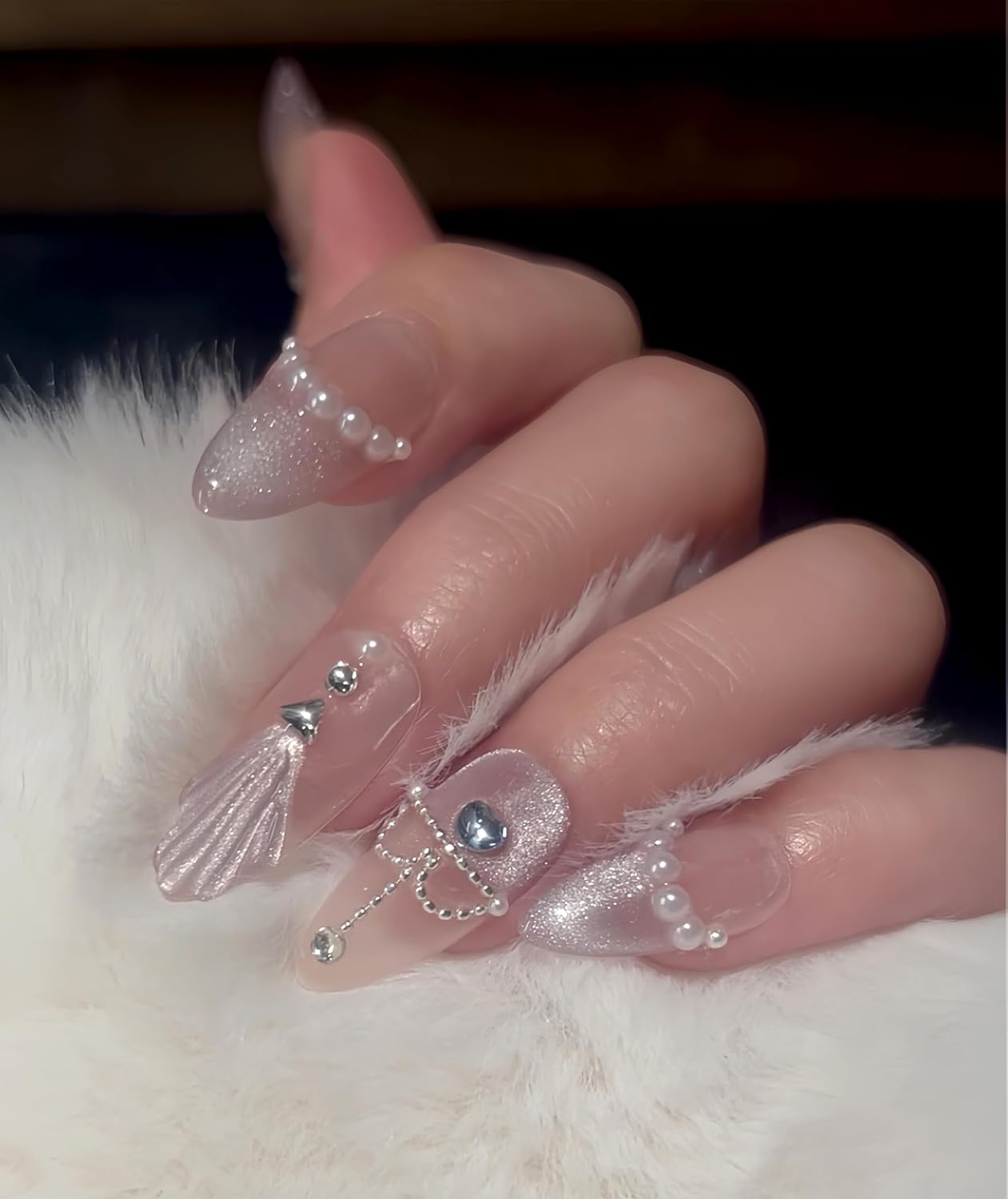 3D Sea Shell Press-On Nails - Handmade Medium Almond Beach Nail Art with Butterflies (L Size)