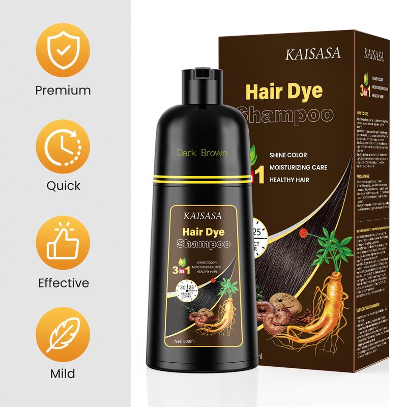 KAISASA Dark Brown Hair Dye Shampoo 3 in 1, Hair Color Shampoo for Women and Men, Hair Dye to Cover Gray Hair, Herbal Ingredient Shampoos for Grey Hair Coverage 500ml (Dark Brown)