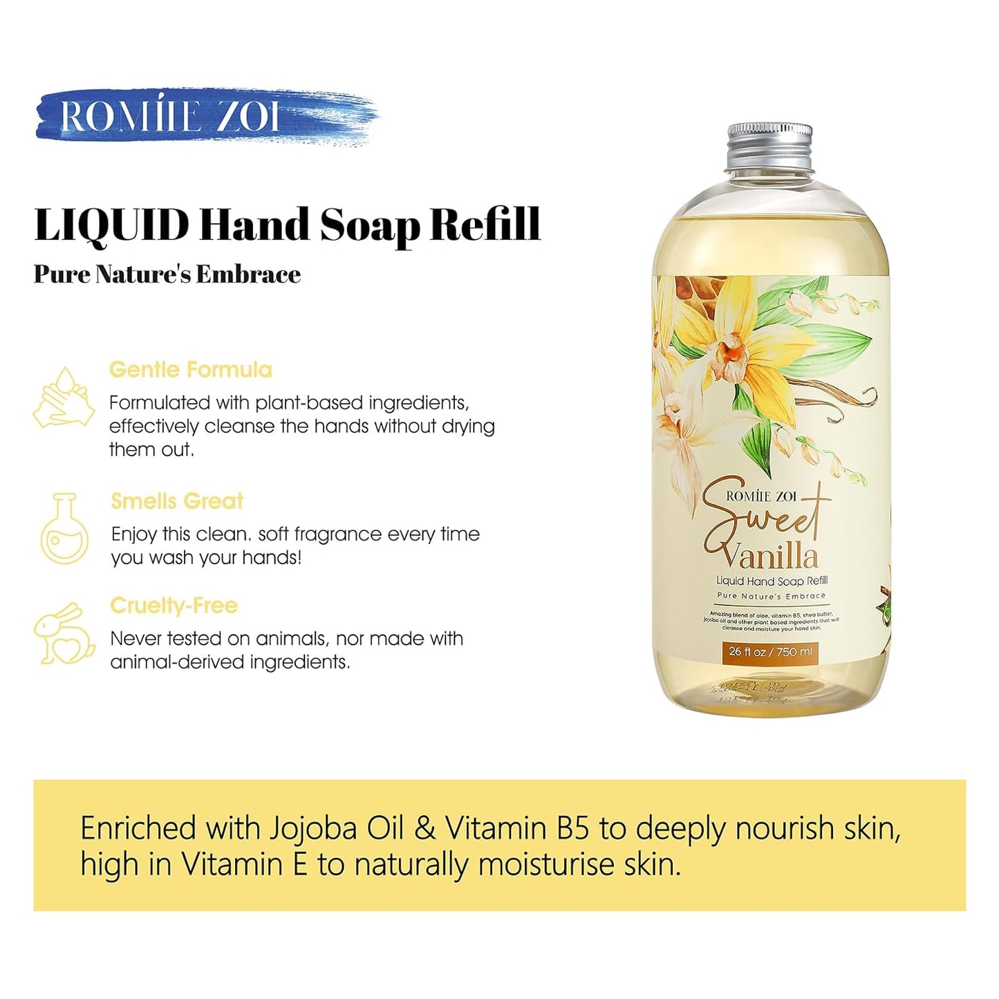 Sweet Vanille Liquid Hand Soap Refill Gift Set – 3 Pack (26 Fl Oz Each), Plant-Based & Biodegradable for Kitchen & Bathroom
