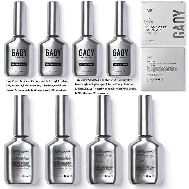 Glassy Gel Top Coat & Base Coat Set - 16ml, No Wipe UV Nail Polish | 4 Pcs