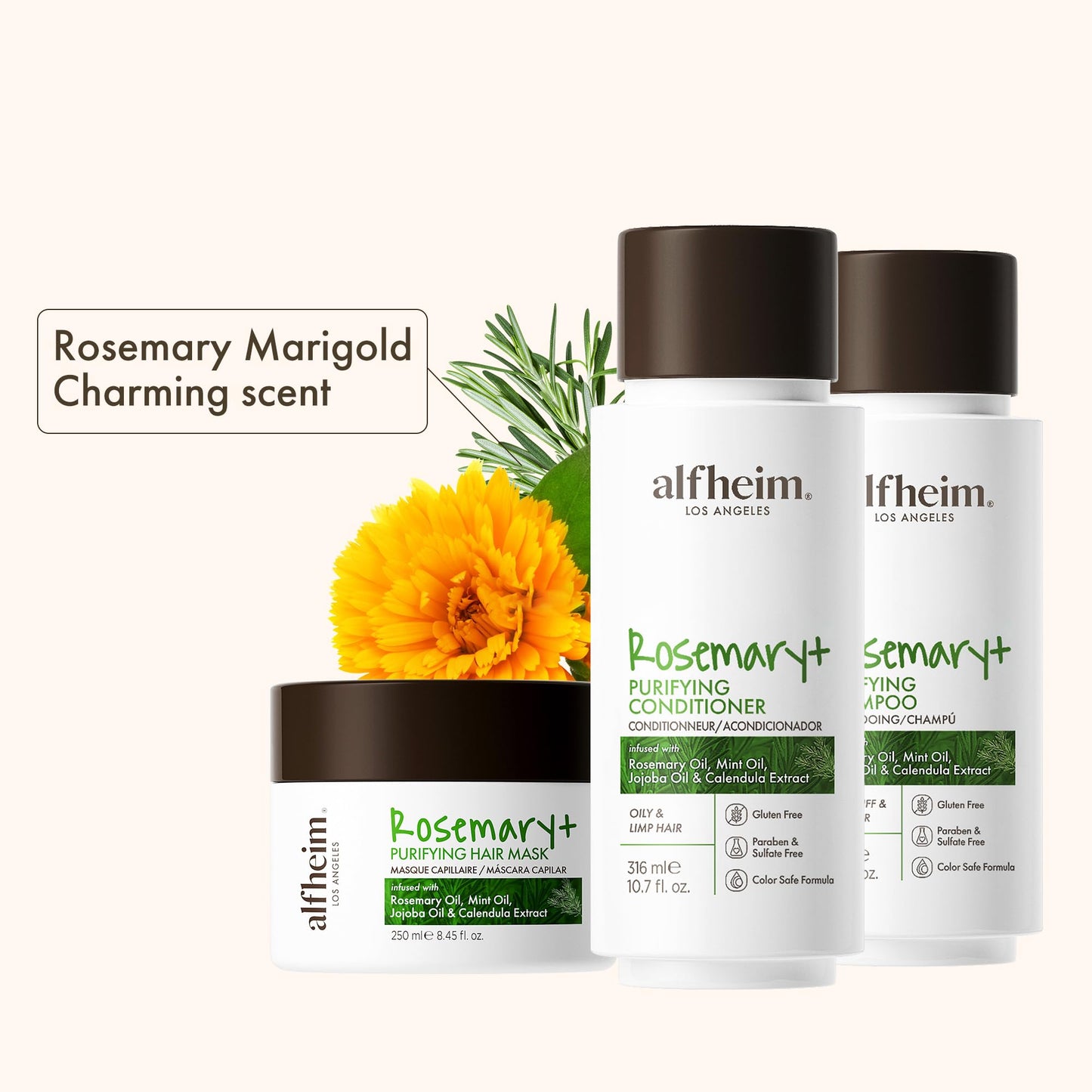 ALFHEIM Rosemary 3-piece set of shampoo, conditioner and hair mask Deep Cleansing Scalp Care Strengthens Roots & Prevents Flatness Sulfate & Paraben-Free for Oily Scalp & Sensitive Skin