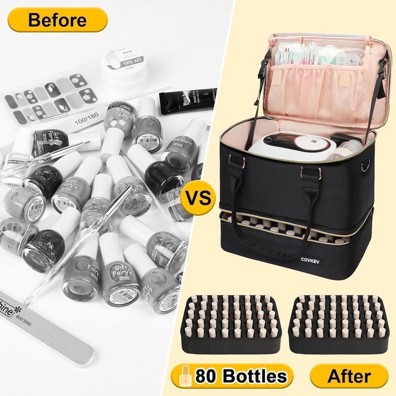 Nail Polish Organizer - Holds 80 Bottles & Nail Lamp | Double Layer Travel Case with Handle - Black & Gold