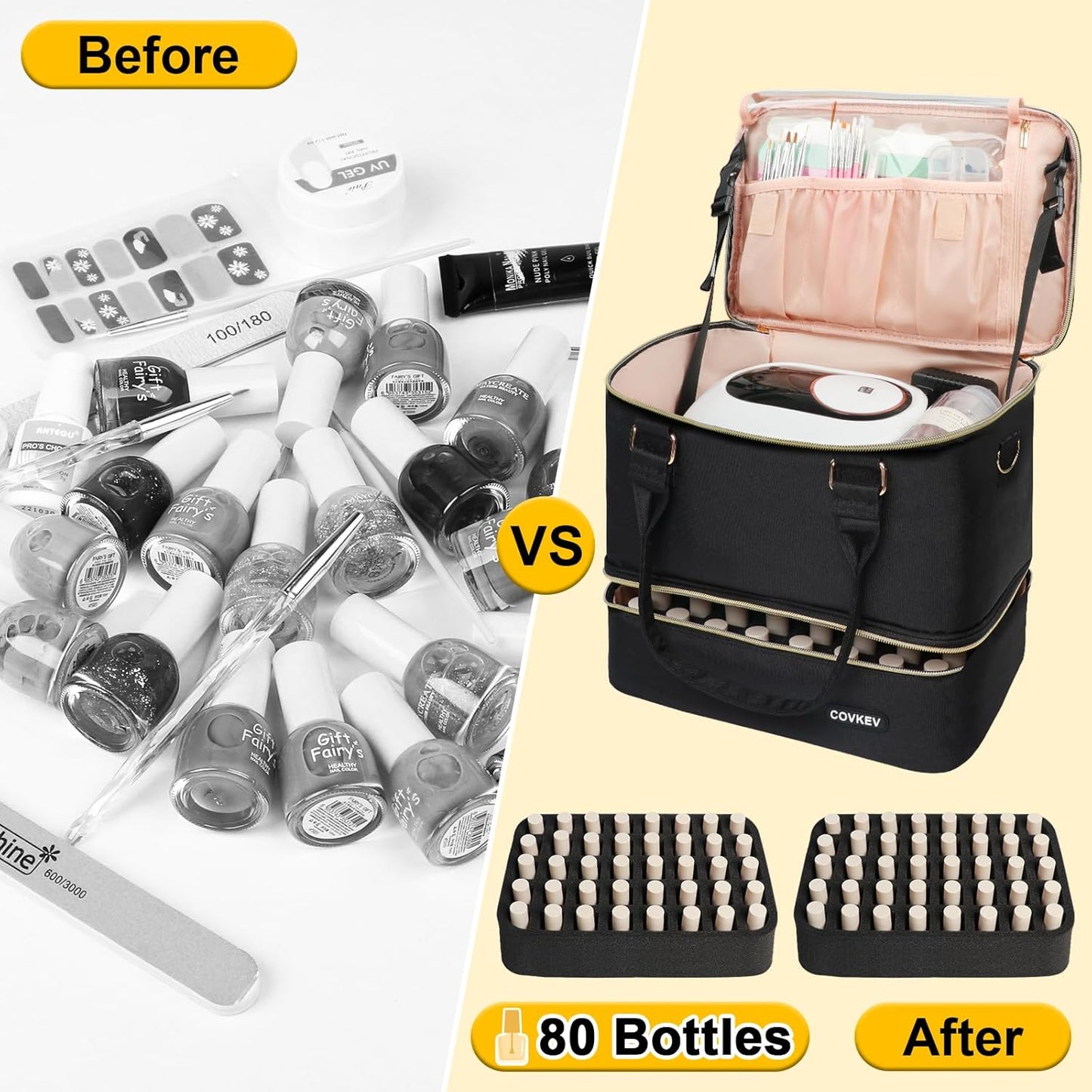 Nail Polish Organizer - Holds 80 Bottles & Nail Lamp | Double Layer Travel Case with Handle - Black & Gold