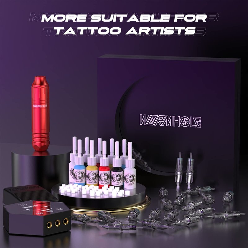 Tattoo Kit, Wormhole Tattoo Machine Kit Rotary Tattoo Machine 20pcs Cartridge Needles 10pcs Tattoo Ink Complete Tattoo Practice Pen Kit for Beginners and Tattooists WTK144