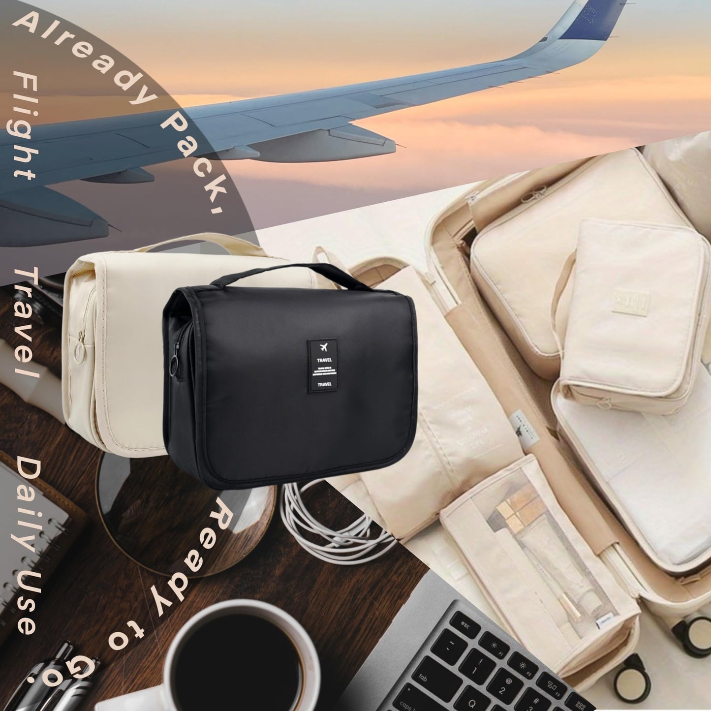 Travel Kit 39 Essentials for Travel Emergency, Large Capacity Toiletry Bag, All Purpose Grooming Set, Airplane Pillow Kit, TSA Approved (Pearl Bisque Beige)