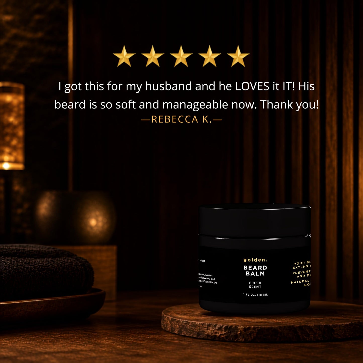 Golden Grooming Beard Balm - Tames Flyaways & Promotes Thicker Growth - Natural Styling Wax with Shea & Mango Butter - Relieves Beard Itch & Dandruff - Signature Fresh Scent, 4oz