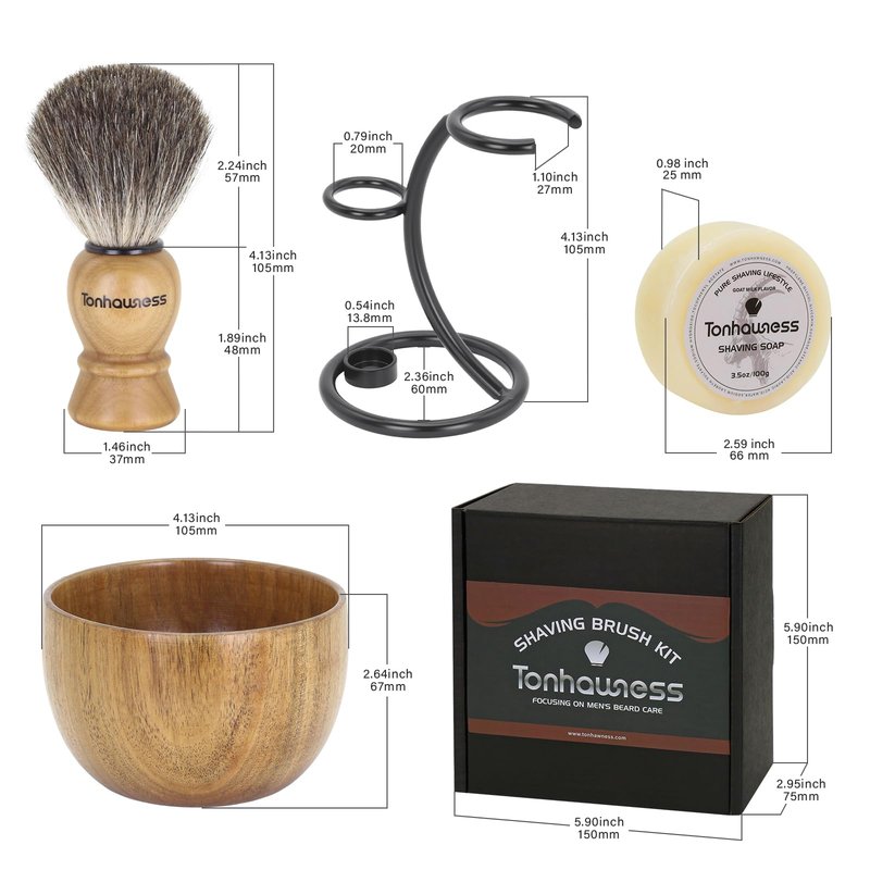 Shaving Brush Kit For Men, 4 In 1 Shaving Brushes Set Includes Badger Hair Shaving Brush, Wood Bowl, Stainless Steel Shaving Stand and Goat Milk Shaving Soap
