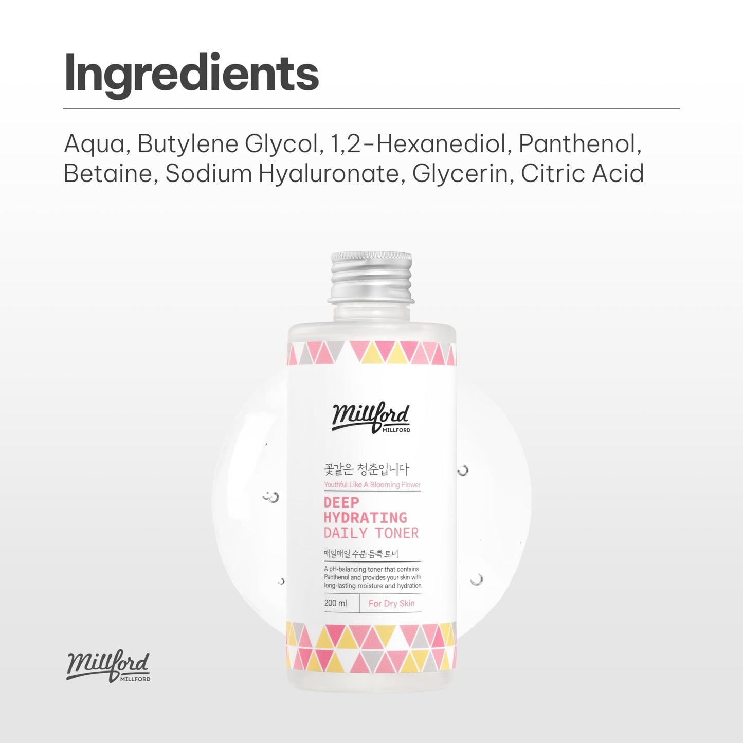 Millford Deep Hydrating Daily Toner 6.76 fl oz (200 ml) - pH-Balancing, Alcohol-Free & Fragrance-Free Toner with Panthenol (Vitamin B5) & Betaine to Strengthen Moisture Barrier, Korean Skincare