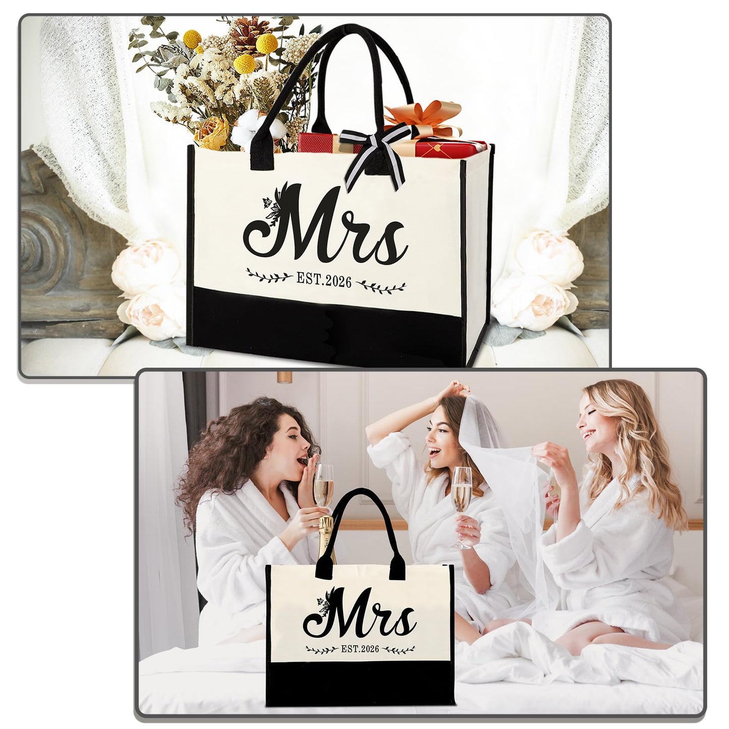 Mrs 2026 Bride Canvas Tote Bag with Makeup Bag, Wedding Bridal Shower Gifts