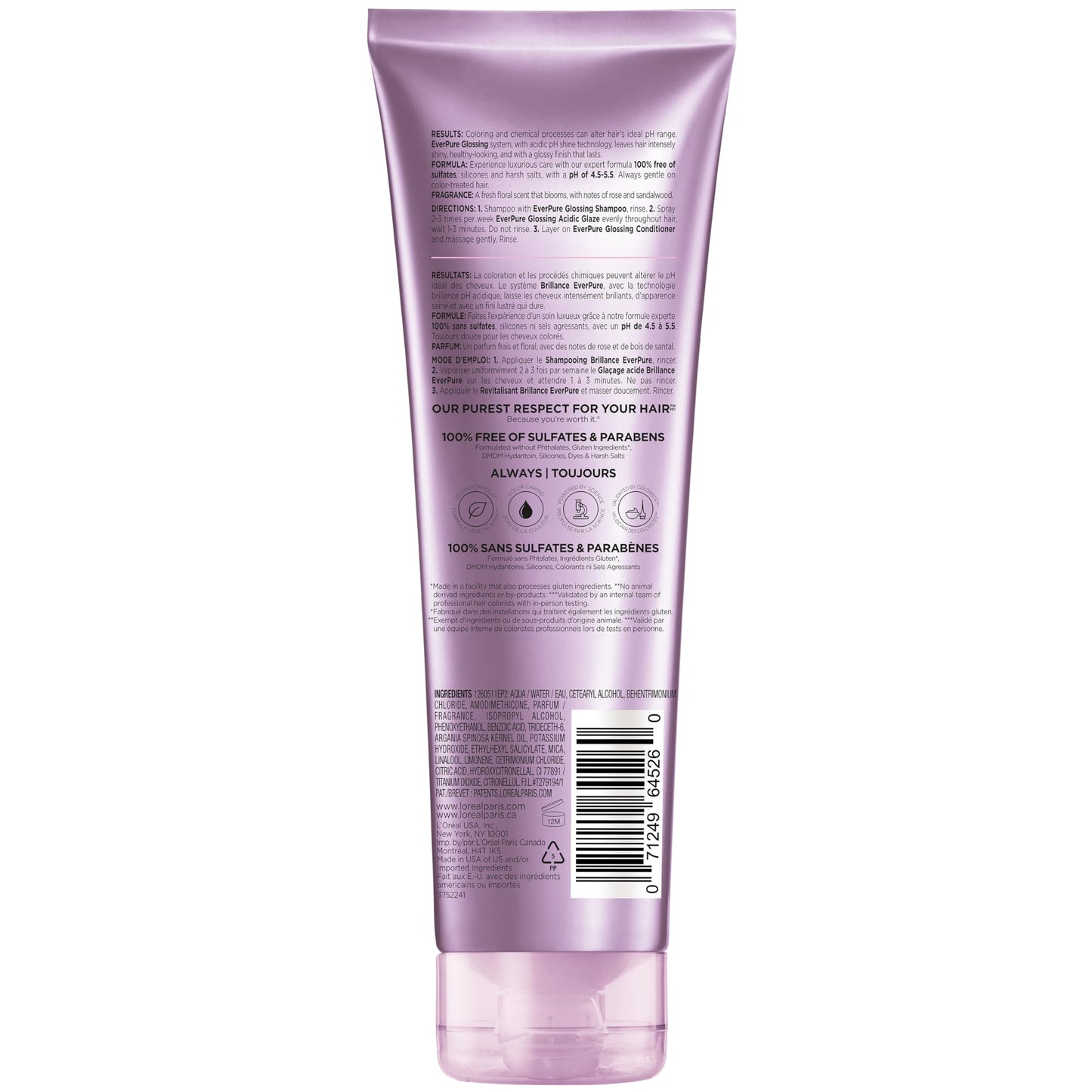 L'Oreal Paris Sulfate Free Glossing Conditioner, Intensifies Hair Shine & Smoothness, pH Balanced & Argan Oil Infused Vegan Hair Care, EverPure, 8.5 Fl Oz