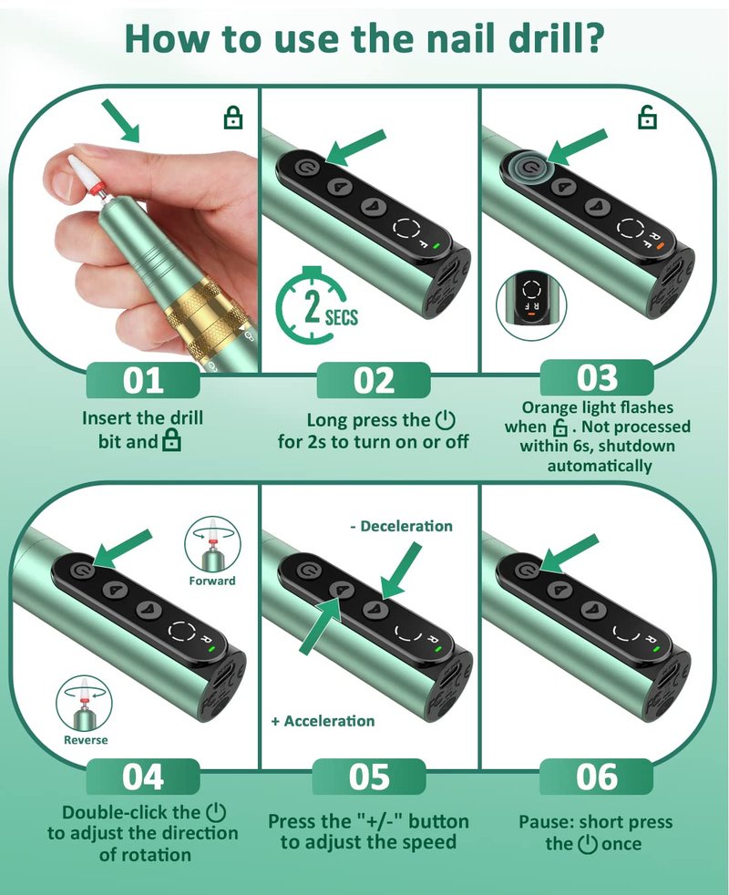 YBLNTEK Cordless Nail Drill, 35000RPM Rechargeable Nail Drill Machine for Acrylic Gel Nails, Portable Electric Nail File Kit for Home Salon Manicure Pedicure and Polishing, Green
