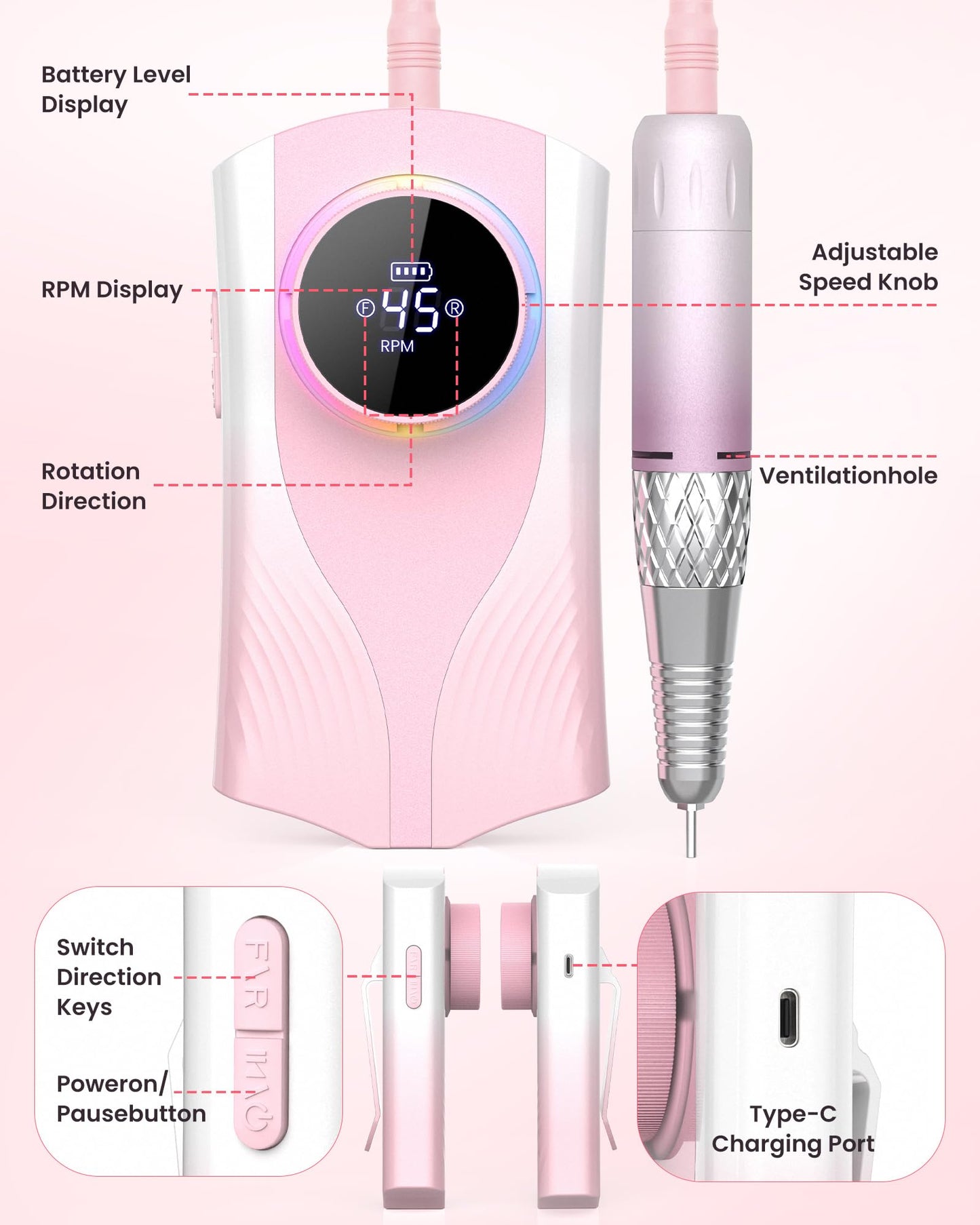 KISUFU Professional Nail Drill for Nail Technicians - 45000RPM Electric Nail File with 1800mAh Battery - Portable E-File with Digital Display and Belt Clip - Gradient Pink Manicure Set with 6 Bits.