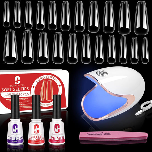 Clara Colors 550pcs Full Cover Coffin Nail Tips & Glue Gel Kit with LED Lamp
