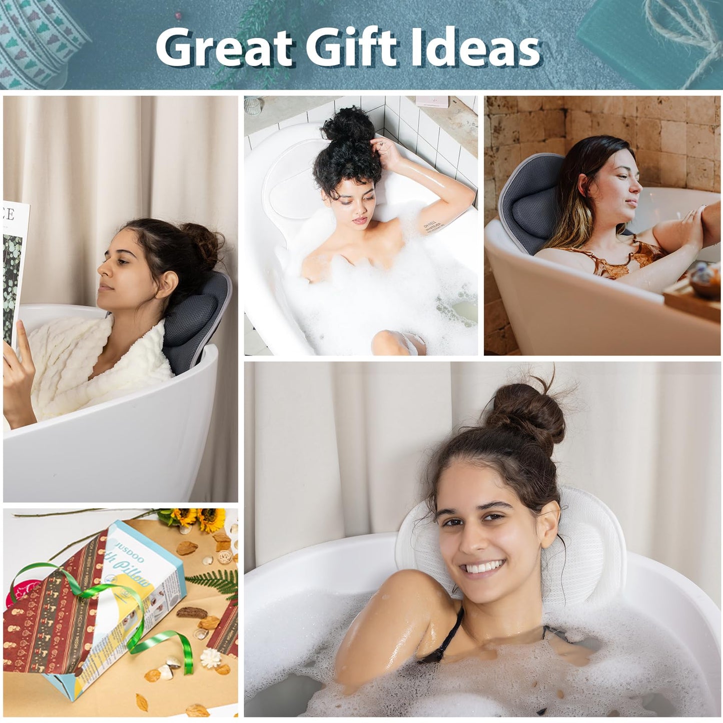 JUSDOO Bath Pillows for Tub Neck and Back Support - Upgraded Non-Slip Rubber Backing & 6 Suction Cups, 4D Air Mesh Spa Bathtub Cushion for Head Rest, Machine Washable with Laundry Bag & Hook (Gray)