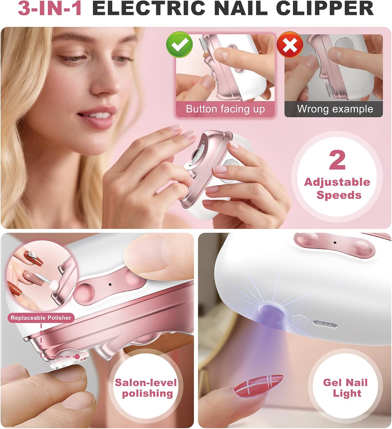 2-in-1 Electric Nail Clipper & Trimmer with LED Light - Dual Speed for All Ages (M8-Pink)