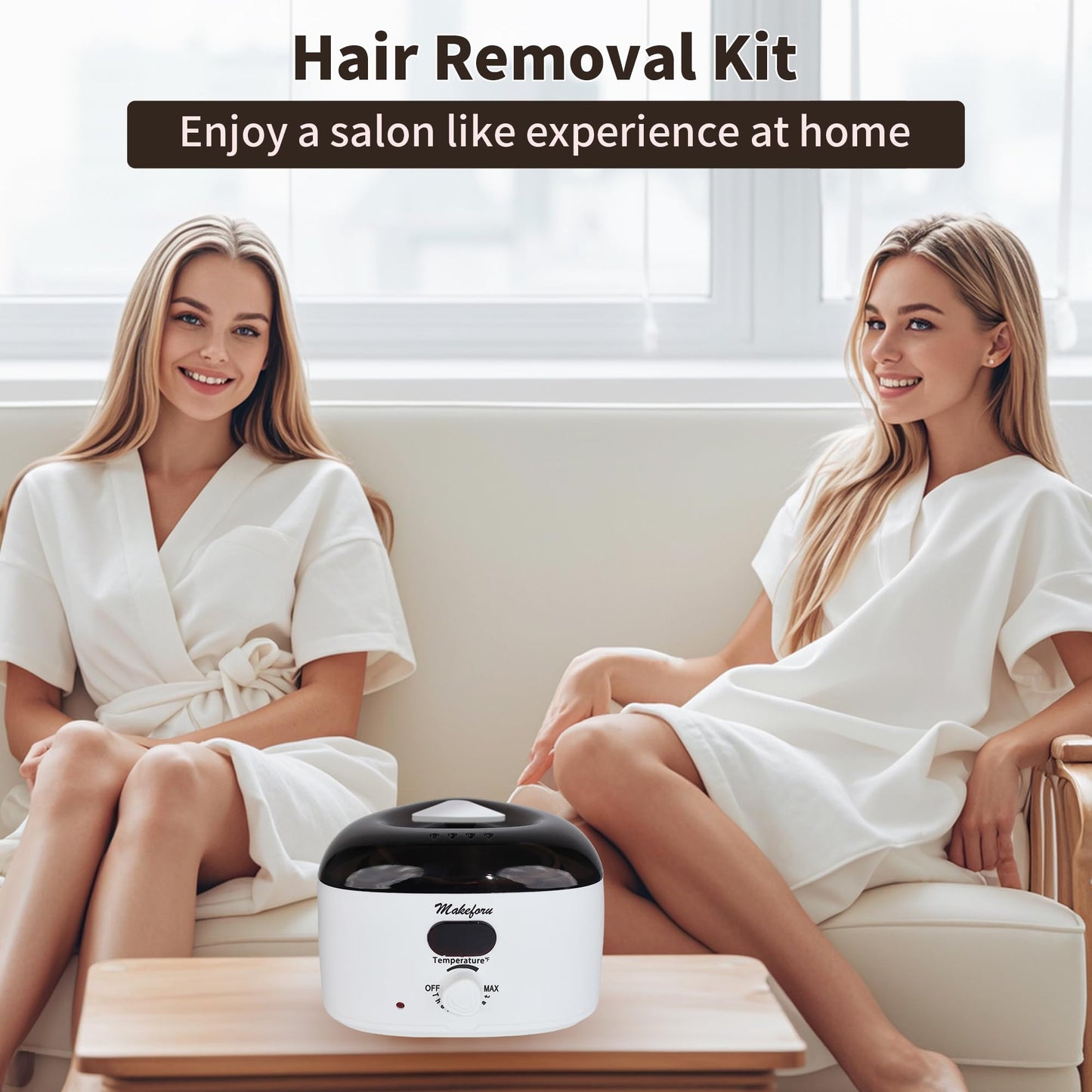 Makeforu Brazilian Waxing Kit - Bikini & Full Body Hair Removal with Digital Warmer, 4 Scented Wax Beads & 27 Silicone Tools - Home Waxing for Women & Men, Face & Body Care (White)