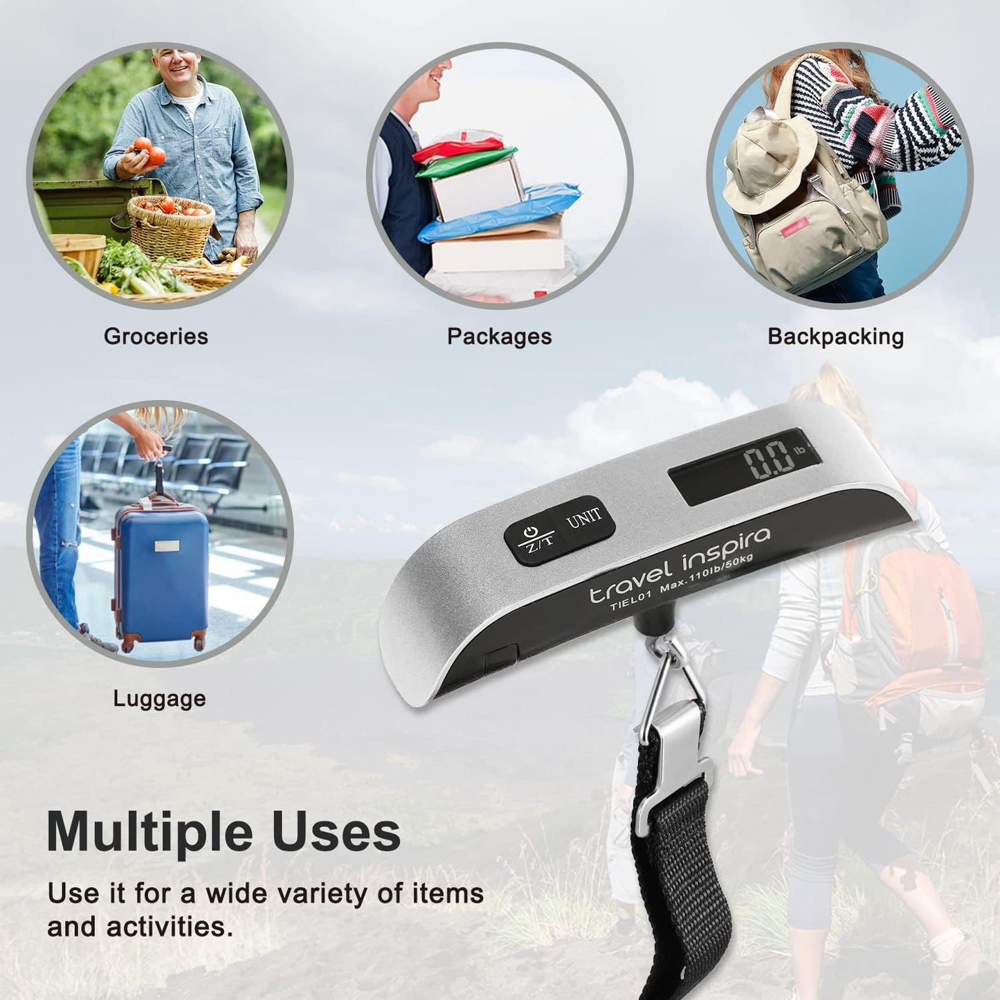 Travel Inspira Luggage Scale - Portable Digital Hanging Baggage Scale for Suitcases | 110 lbs Capacity, Battery Included