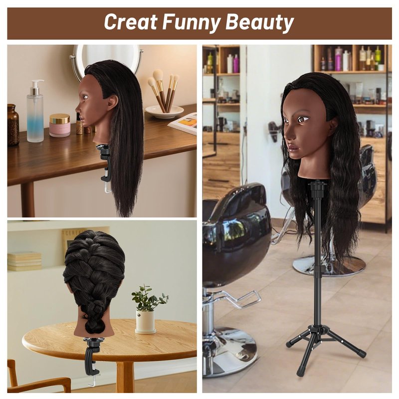 Yekavo 20" Afro Mannequin Head Human Hair with Tripod Stand, 90% Real Hair Cosmetology Black Manikin Doll Head for Hairdresser Practice Braiding with Stand Set