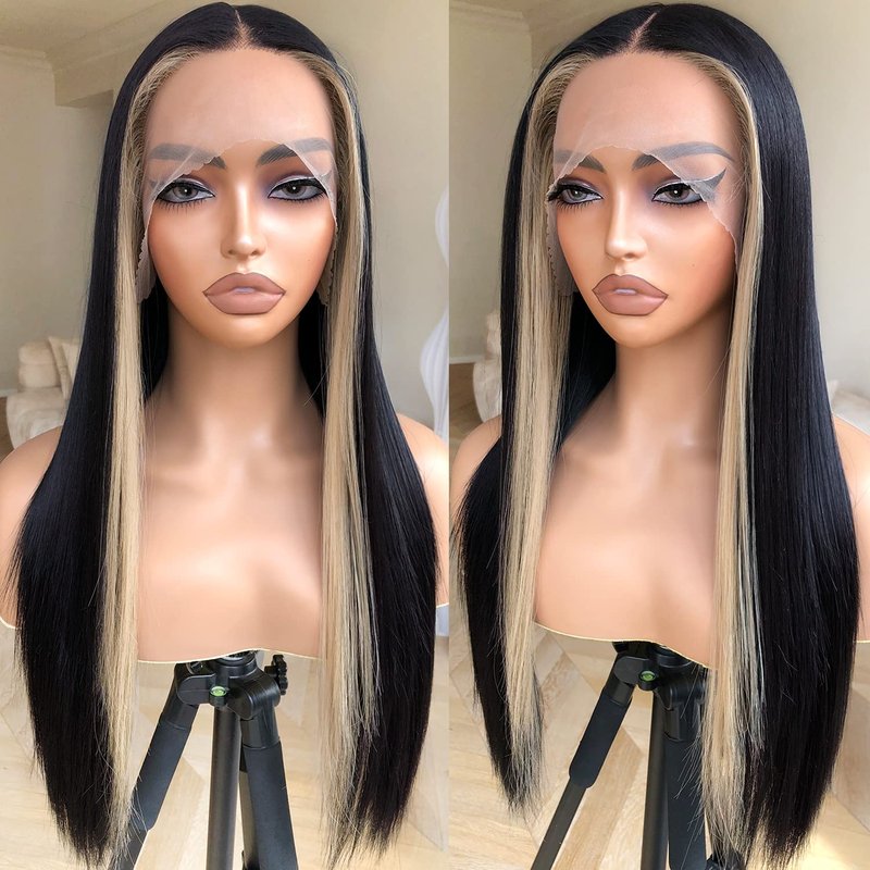 BrownBomb Skunk Stripe Wig Lace Front Wig Pre Plucked Ready to Wear, HD Glueless 13X5X1 Synthetic Lace Front Wigs for Women 180 Density 26inch, Black and Blonde Wig Skunk Stripe Effortless Chic