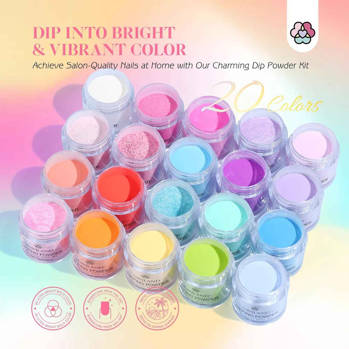 SAVILAND 20-Color Dip Powder Nail Kit with Clear Pink & Rainbow Shades + 4 Liquids