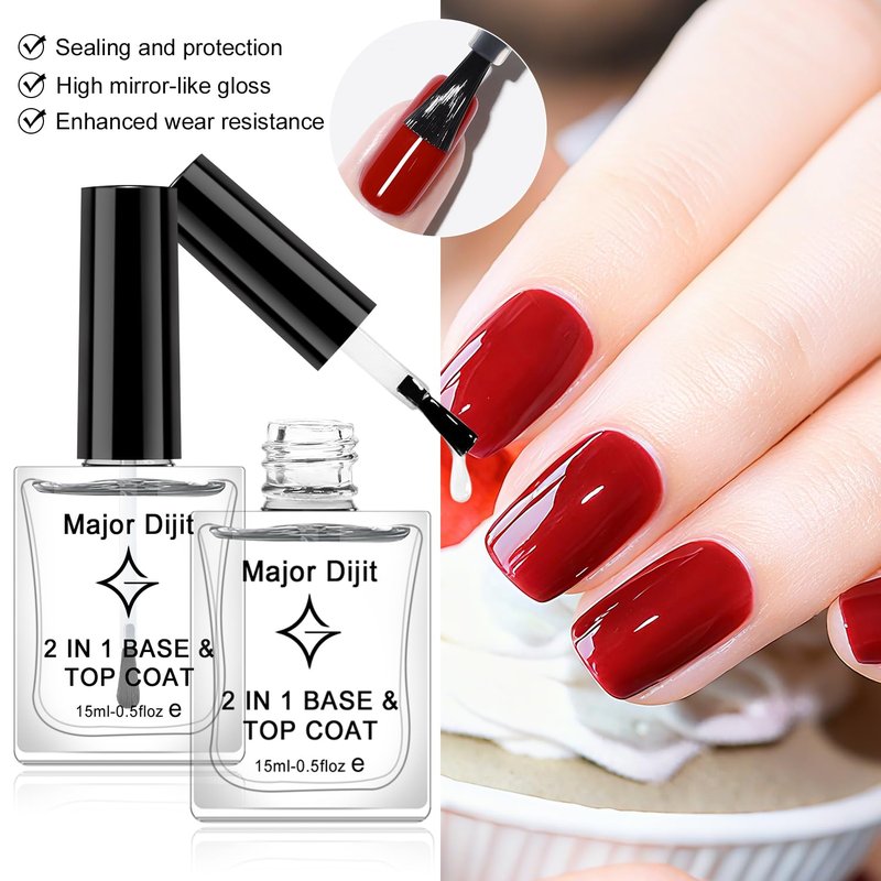 Major Dijit Clear Base & Top Coat 2-in-1 Nail Polish – Quick Dry, Long-Lasting, High Gloss Protective Formula – 0.5 Fl Oz