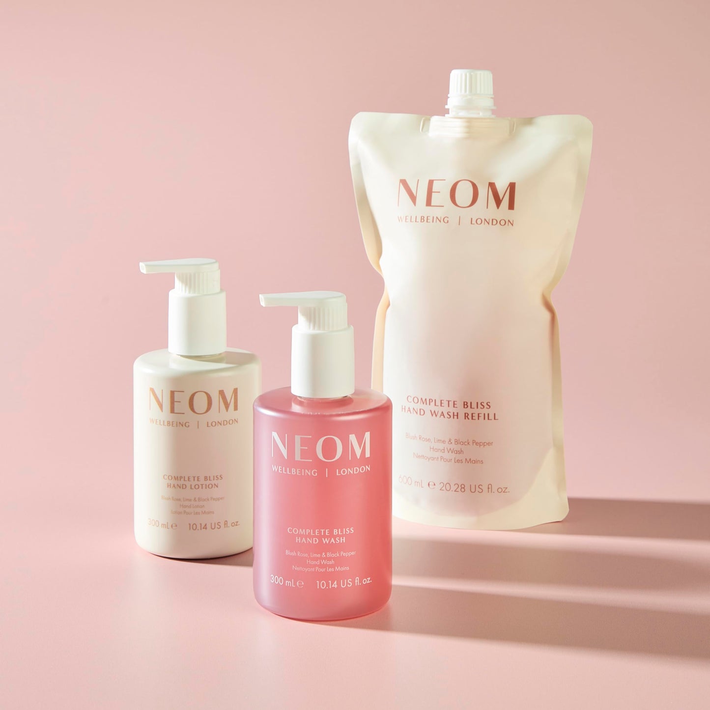 Neom Complete Bliss Hand Wash, 300ml | Blush Rose, Lime & Black Pepper I Natural colour derived from gardenia fruit I 100% Recyclable Bottle I Refillable