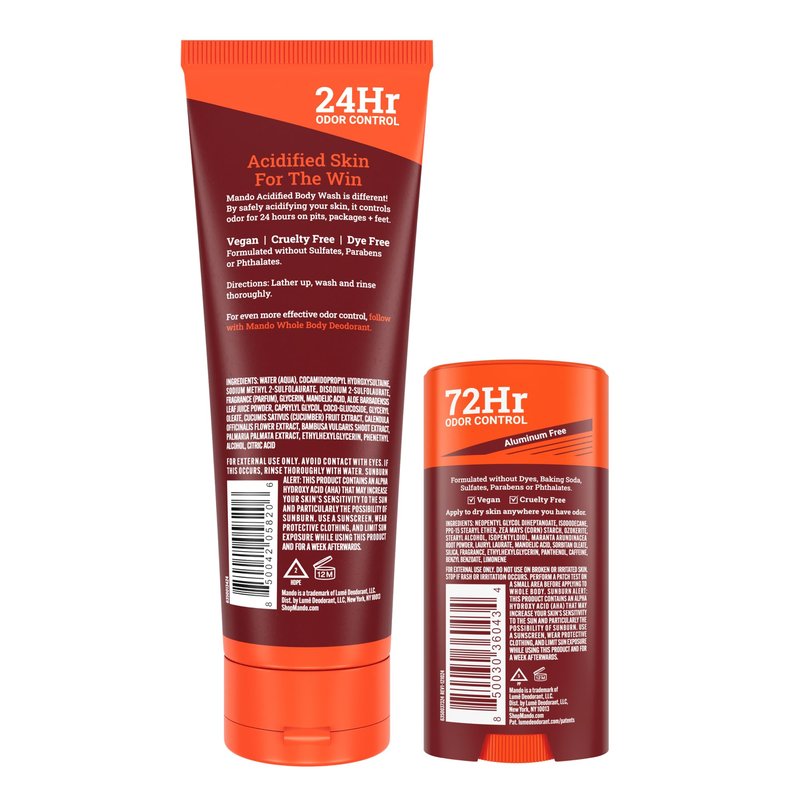 Mando Smooth Solid Stick (2.6 Ounce) + Acidified Body Wash (8.5 Ounce) - Clinically Proven to Block Odor All Day - Whole Body Safe For Pits, Packages + Feet (Mt. Fuji)