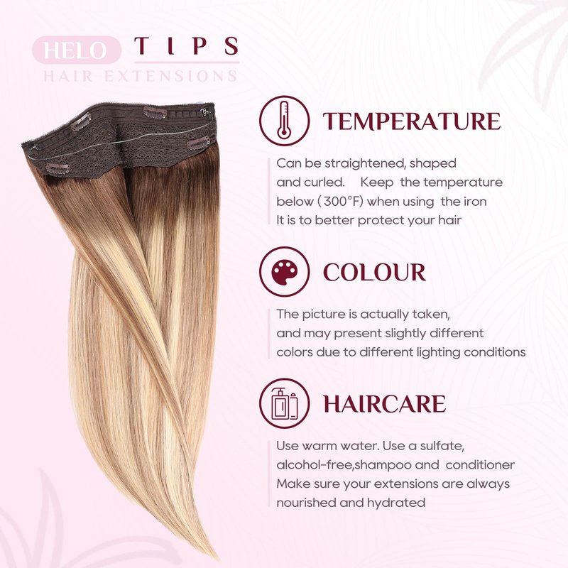 Halo Hair Extensions - Dark Brown to Gold Blonde and Bleach Blonde Adjustable Size Removable Secure,Halo Extensions Real Human Hair, 3/8/22 70g 14Inch