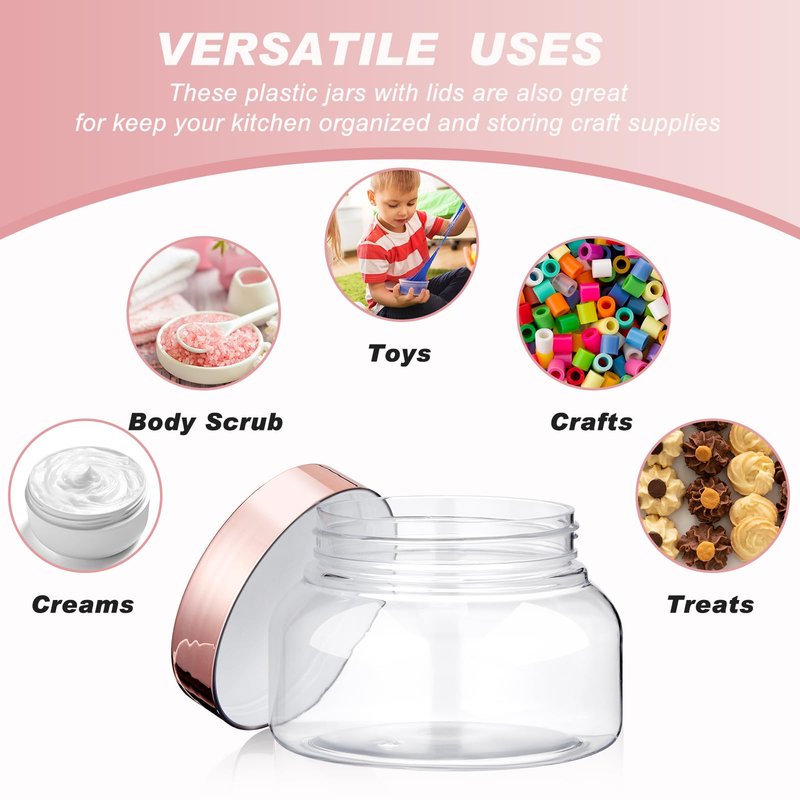 Tessco for you 24 Pack Plastic Jars with Lids Labels Multiuse Slime Containers Empty Body Scrub Jars Round Refillable Cosmetic Body Butter Container for Makeup (8 oz,Rose Gold)