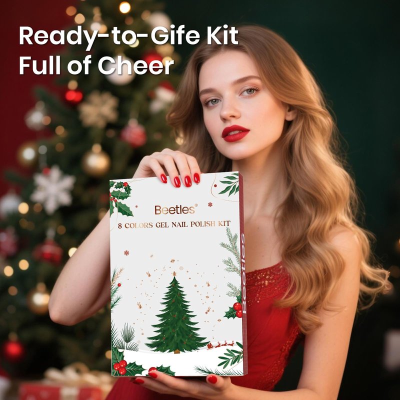 Beetles Gel Nail Polish Set - 8 Holiday Colors Gel Nail Gift Box with Base&Top Coat, Red Cat Eye White Gold Silver Nude Nail Kit, Uv Led DIY Salon Manicure Kit Beauty Gifts for Women