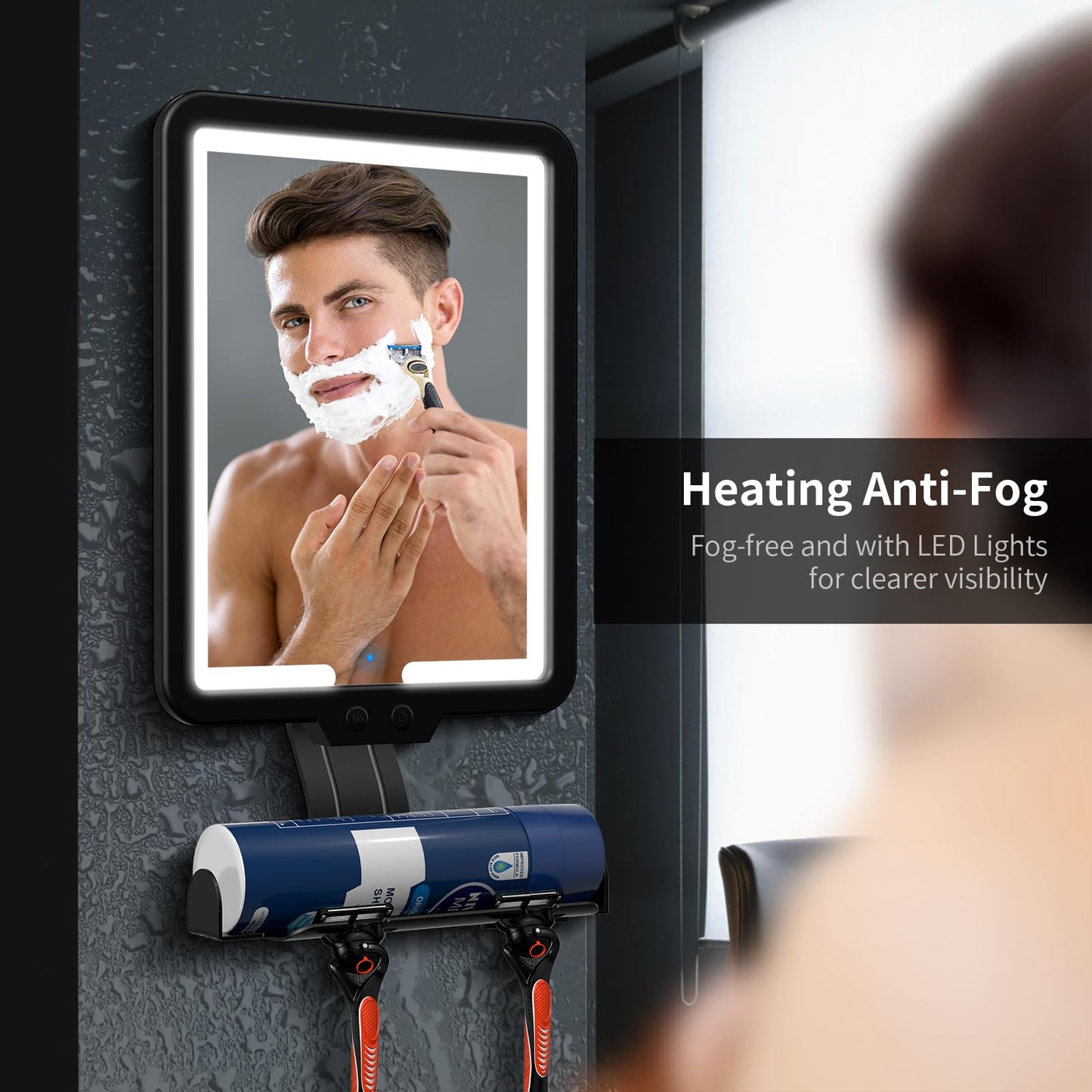 Suupvaor Heated Shower Mirror Fogless for Shaving, Fog Free Large 9.5 * 7inch Shower Shaving Mirror with Light, Rechargeable Anti-Fog Shower Mirror with Storage Tray & Razor Holders