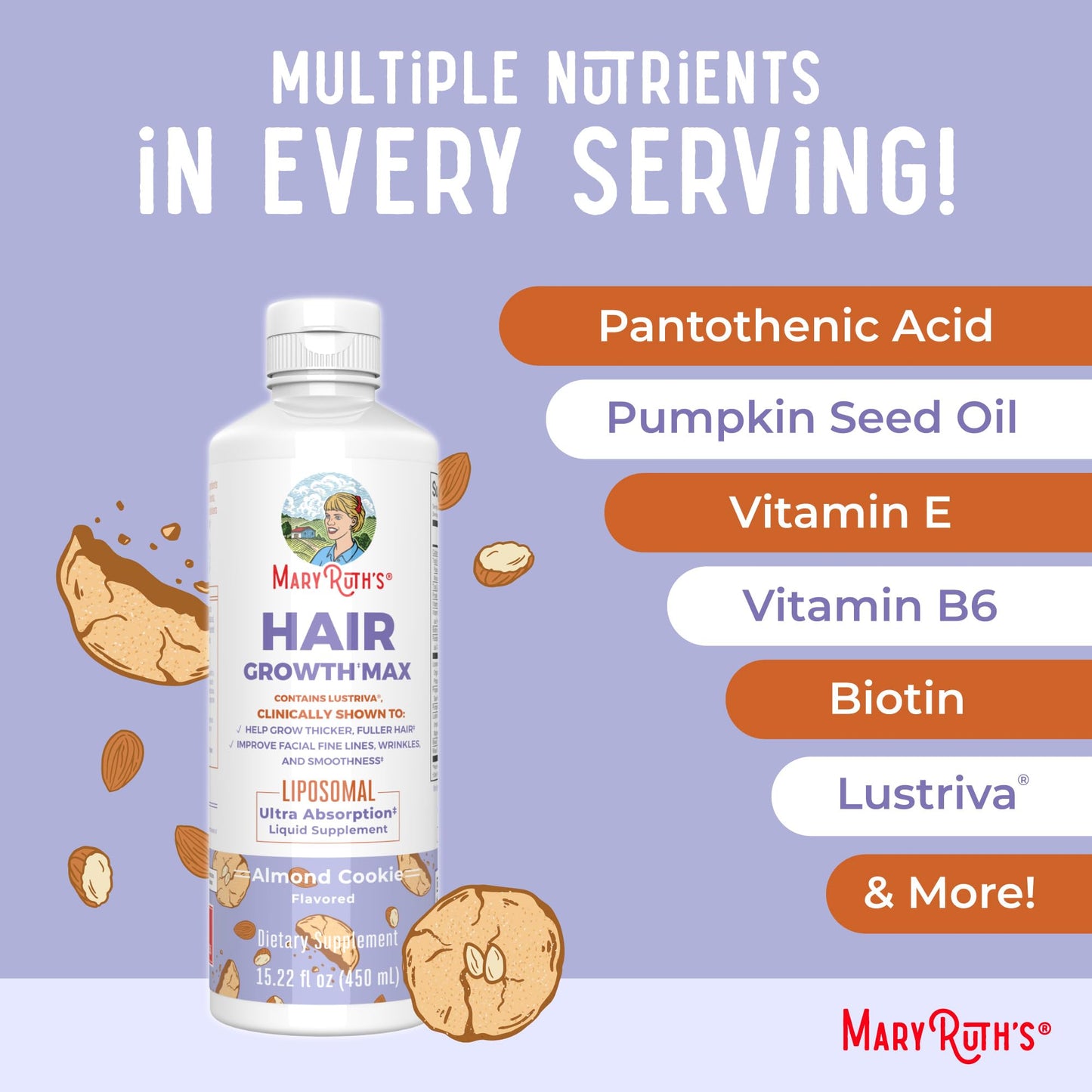 MaryRuth Organics Turkey Tail Mushroom Liposomal (Chocolate Fudge) & Hair Growth MAX (Almond Cookie) | Clean Label Project Verified® | Vitamins for Immunity & Beauty | Vegan, Gluten-Free
