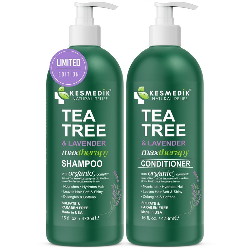 KESMEDIK Tea Tree Lavender Shampoo & Conditioner Set with Mint & Rosemary, Cleanses, Cools & Soothes Dry, Itchy Scalp, Sulfate & Paraben-Free, For All Hair Types, 16 fl oz Each