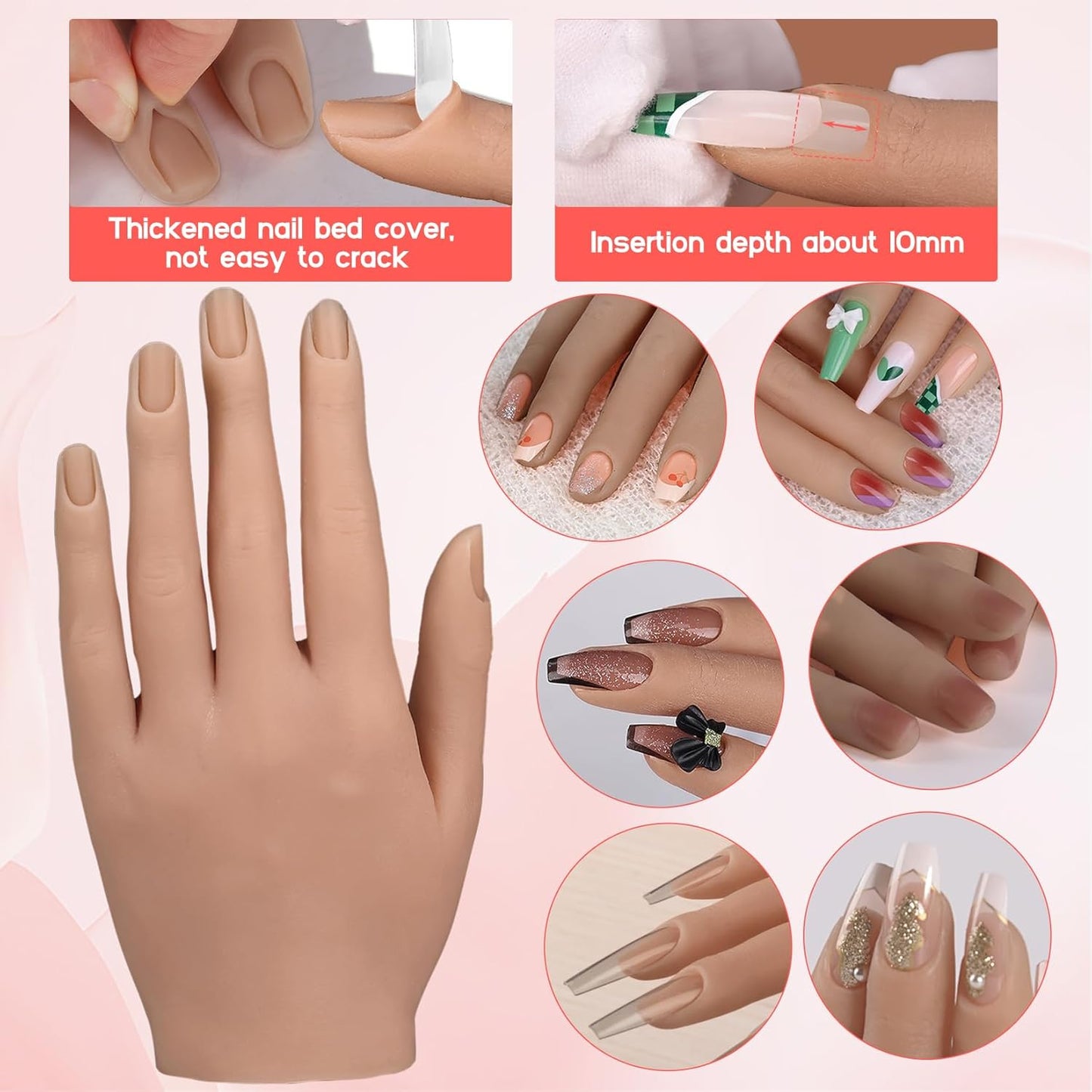 Flexible Silicone Practice Hand for Acrylic Nails with 528 Nail Tips & Stand