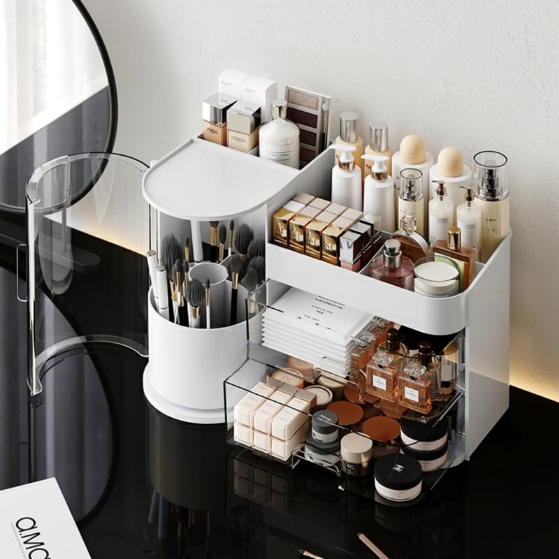 FYABREEK Makeup Organizer 14" D x 8.3" W x 9" H Cosmetic Organizer with Drawers Countertop Skincare Organizer for Vanity Cosmetic Display Case Storage Rotating Brush Holder (Black)