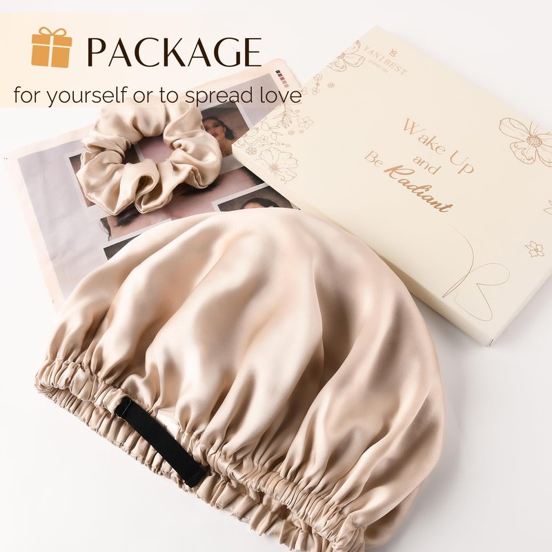 YANIBEST 22 Momme 100% Mulberry Silk Sleep Cap Silk Bonnet for Women - Sleeping Cap Hair Bonnet & Scrunchie Champagne