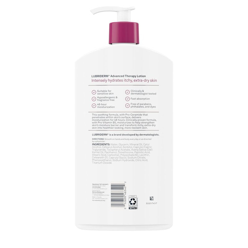 Lubriderm Advanced Therapy Fragrance Free Moisturizing Hand & Body Lotion + Pro-Ceramide with Vitamins E & Pro-Vitamin B5, Intense Hydration for Itchy, Extra Dry Skin, Non-Greasy, 32 fl. oz