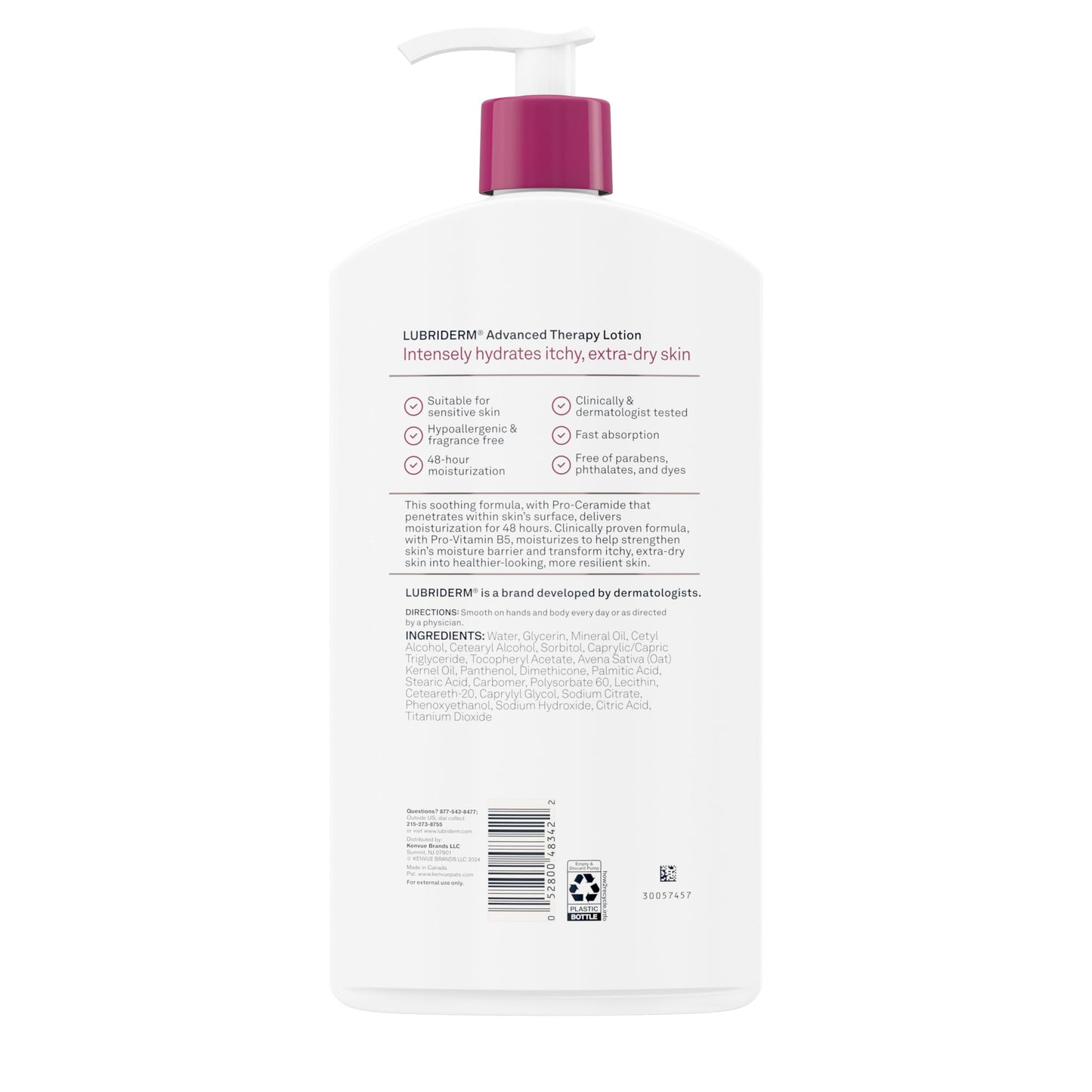 Lubriderm Advanced Therapy Fragrance Free Moisturizing Hand & Body Lotion + Pro-Ceramide with Vitamins E & Pro-Vitamin B5, Intense Hydration for Itchy, Extra Dry Skin, Non-Greasy, 32 fl. oz